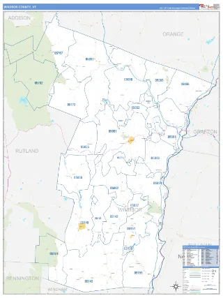 Windsor County, VT Business Reference style ZIP Code wall map