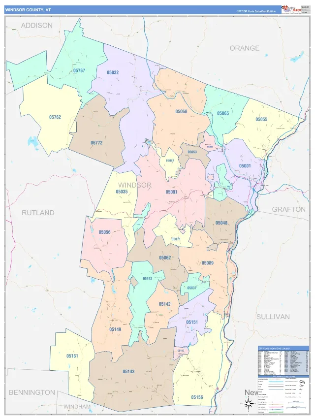 Windsor County, VT ZIP Code Wall Map, ColorCast style