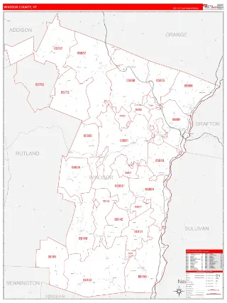 Windsor County, VT RedLine style ZIP Code wall map