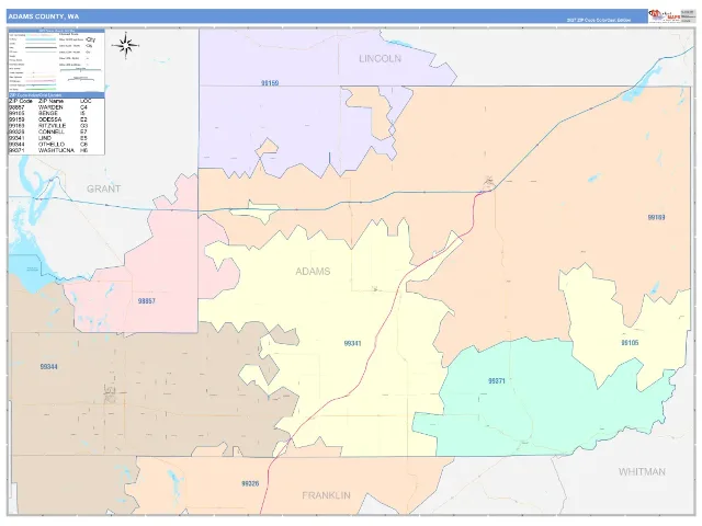Adams County, WA ZIP Code Wall Map, ColorCast style
