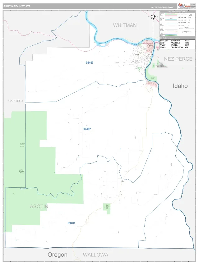 Asotin County, WA ZIP Code Wall Map, Classic style