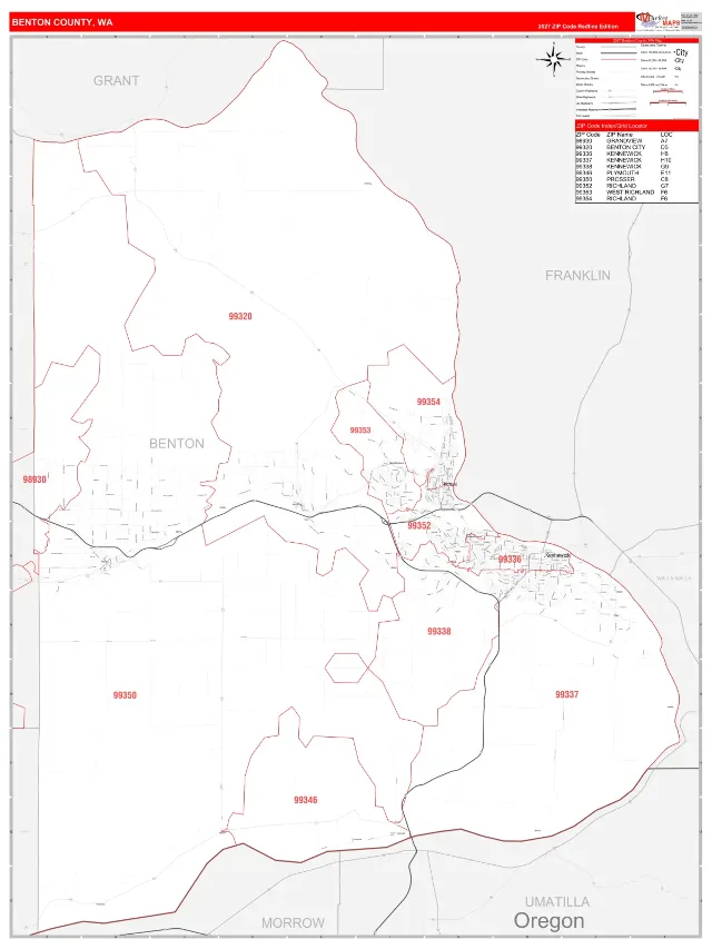 Benton County, WA ZIP Code Wall Map, RedLine style