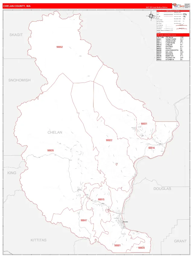 Chelan County, WA ZIP Code Wall Map, RedLine style