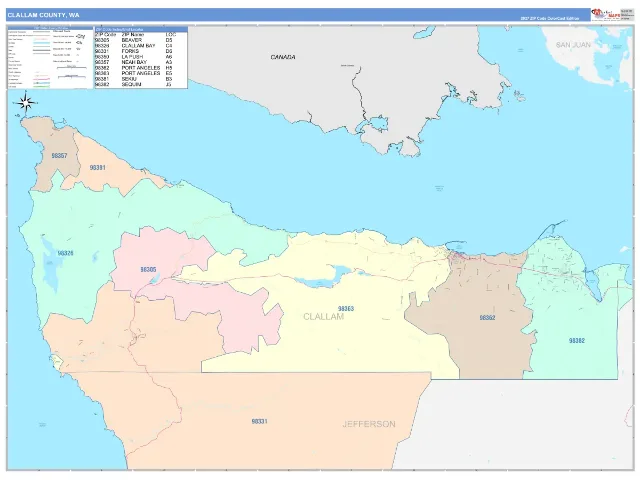 Clallam County, WA ZIP Code Wall Map, ColorCast style