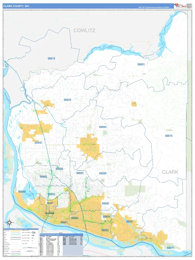 Clark County, WA ZIP Code Wall Map, Business Reference style