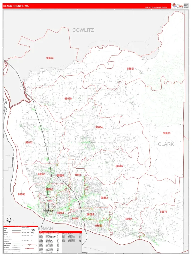 Clark County, WA ZIP Code Wall Map, RedLine style