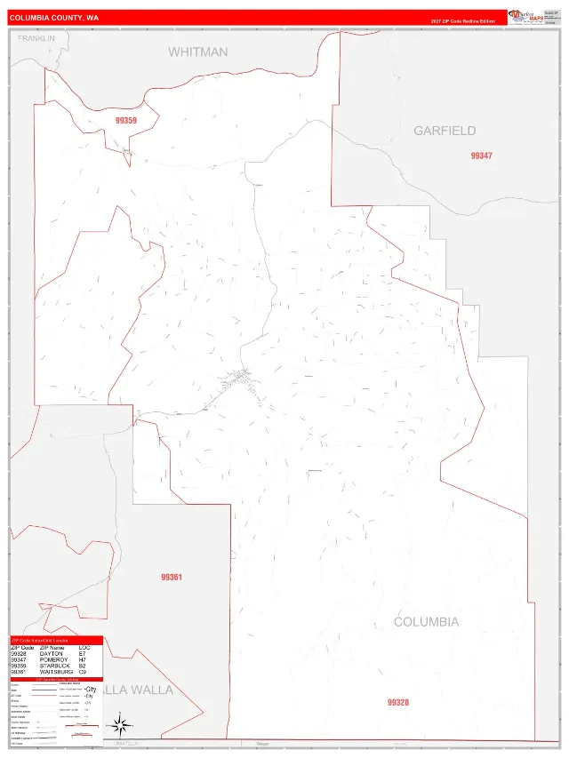 Columbia County, WA ZIP Code Wall Map, RedLine style