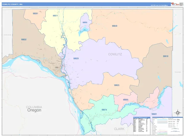 Cowlitz County, WA ZIP Code Wall Map, ColorCast style