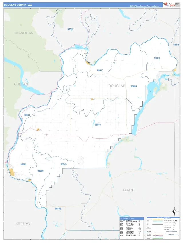 Douglas County, WA ZIP Code Wall Map, Business Reference style
