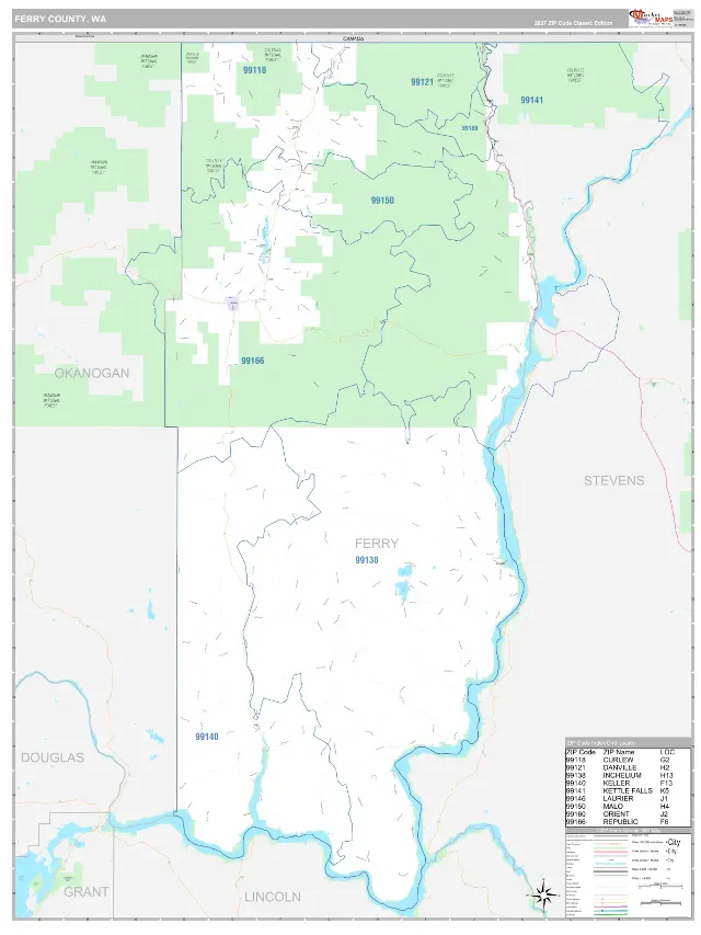 Ferry County, WA ZIP Code Wall Map, Classic style