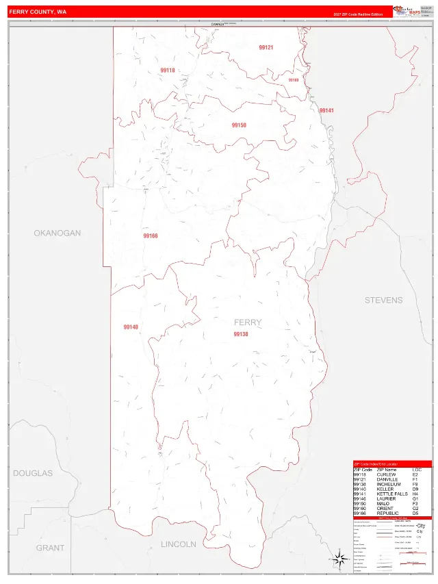 Ferry County, WA ZIP Code Wall Map, RedLine style