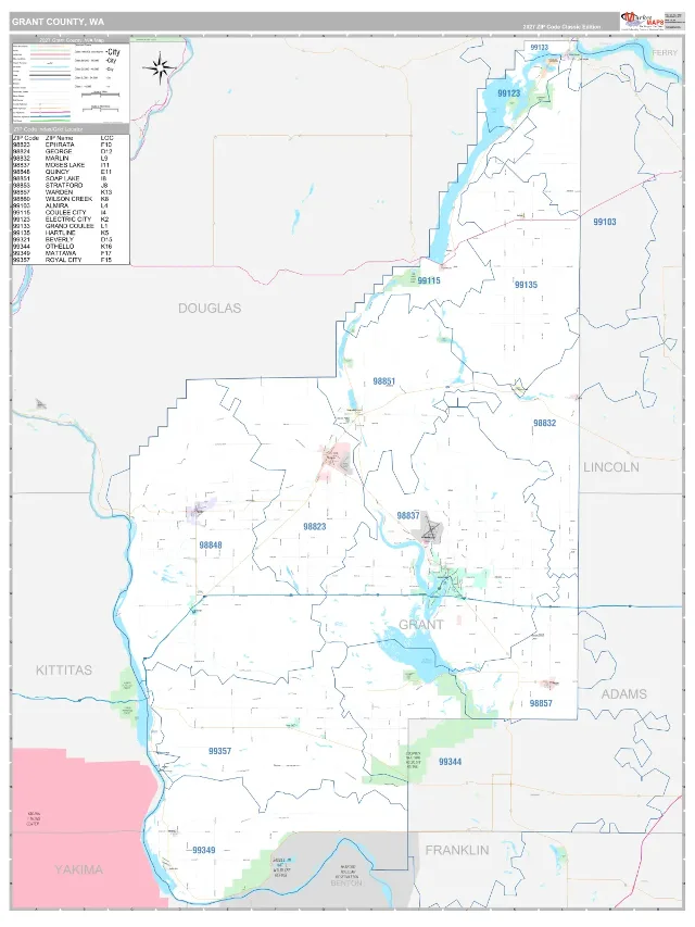 Grant County, WA ZIP Code Wall Map, Classic style