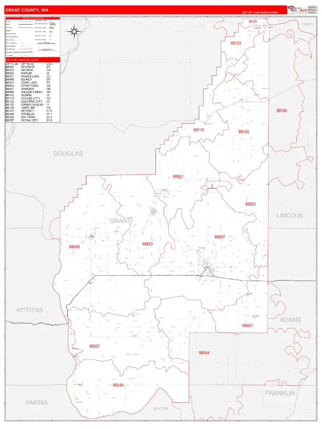 Grant County, WA ZIP Code Wall Map, RedLine style