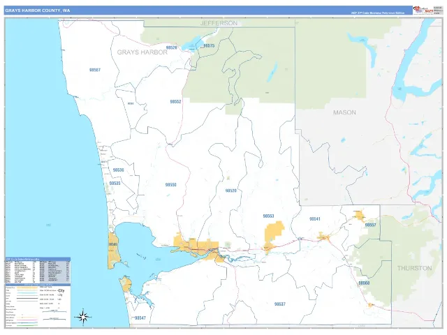 Grays Harbor County, WA ZIP Code Wall Map, Business Reference style