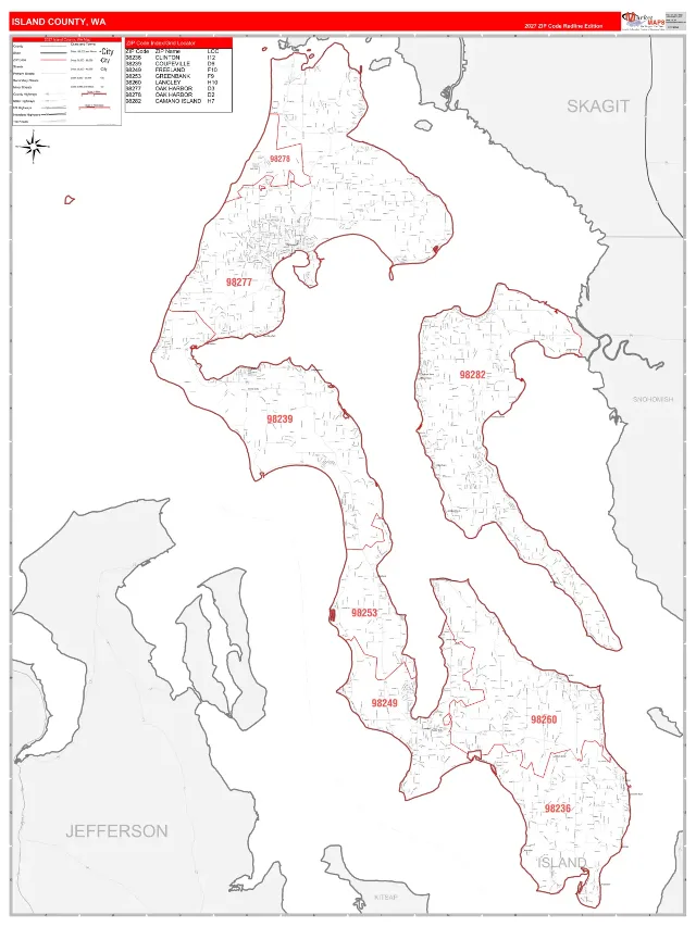 Island County, WA ZIP Code Wall Map, RedLine style