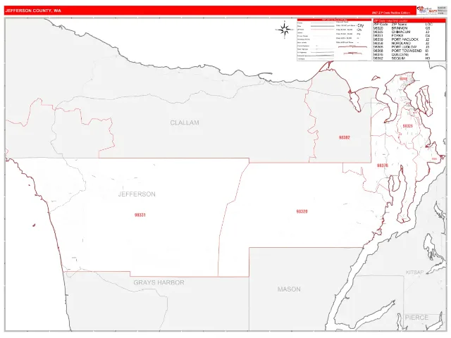 Jefferson County, WA ZIP Code Wall Map, RedLine style