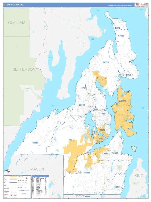 Kitsap County, WA ZIP Code Wall Map, Business Reference style