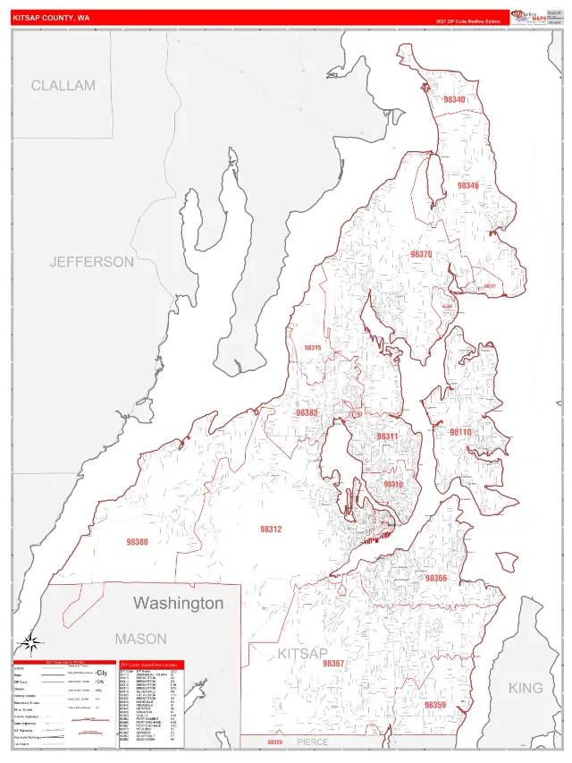 Kitsap County, WA ZIP Code Wall Map, RedLine style