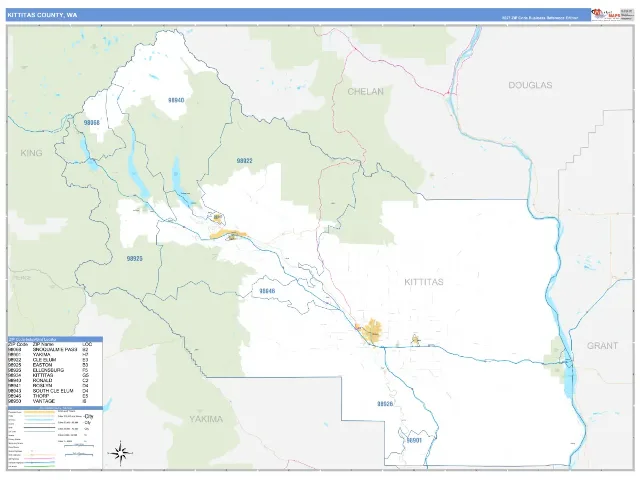 Kittitas County, WA ZIP Code Wall Map, Business Reference style