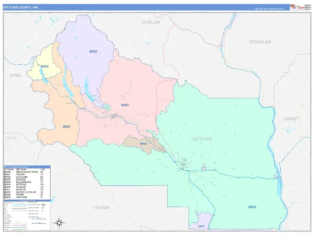 Kittitas County, WA ZIP Code Wall Map, ColorCast style