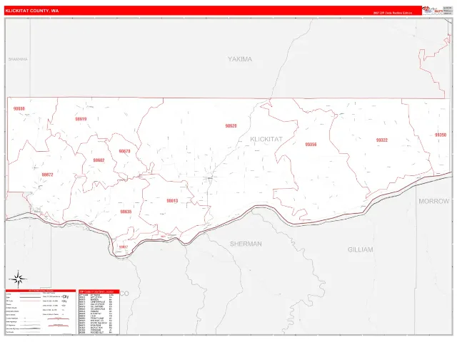 Klickitat County, WA ZIP Code Wall Map, RedLine style