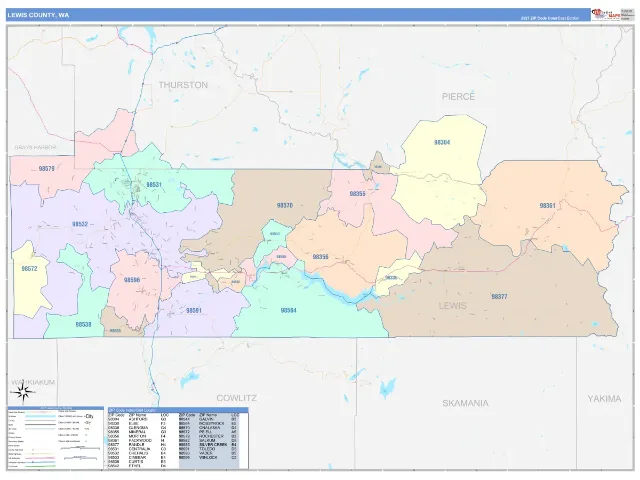 Lewis County, WA ZIP Code Wall Map, ColorCast style