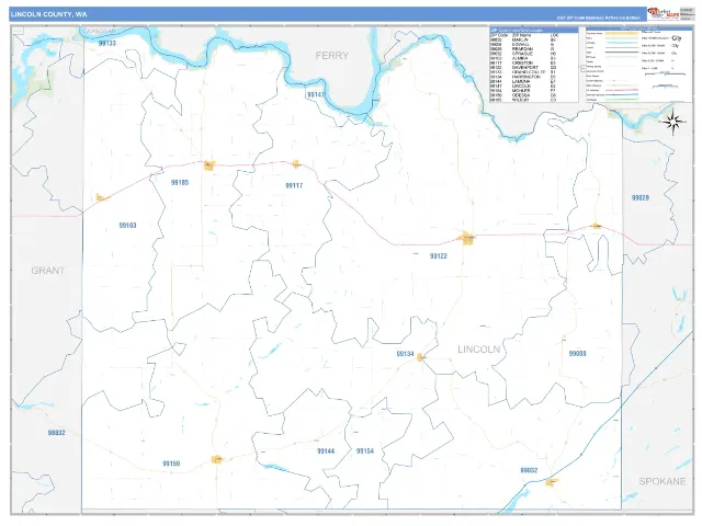 Lincoln County, WA ZIP Code Wall Map, Business Reference style