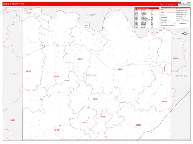 Lincoln County, WA ZIP Code Wall Map, RedLine style