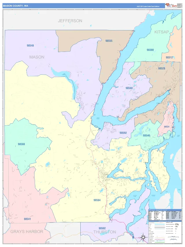 Mason County, WA ZIP Code Wall Map, ColorCast style