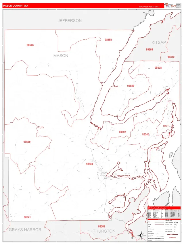 Mason County, WA ZIP Code Wall Map, RedLine style