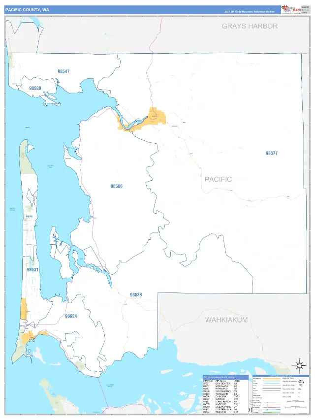 Pacific County, WA ZIP Code Wall Map, Business Reference style