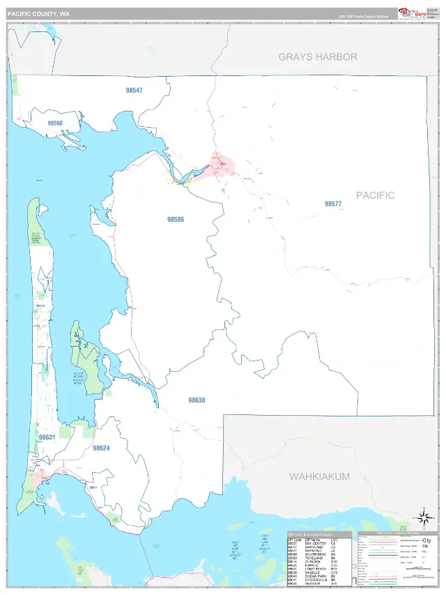 Pacific County, WA ZIP Code Wall Map, Classic style