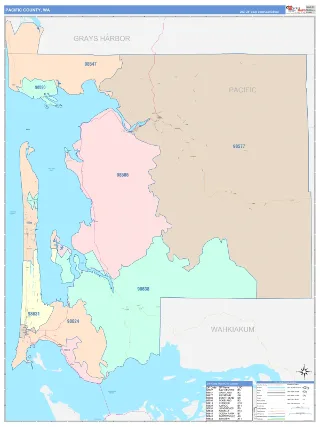 Pacific County, WA ColorCast style ZIP Code wall map