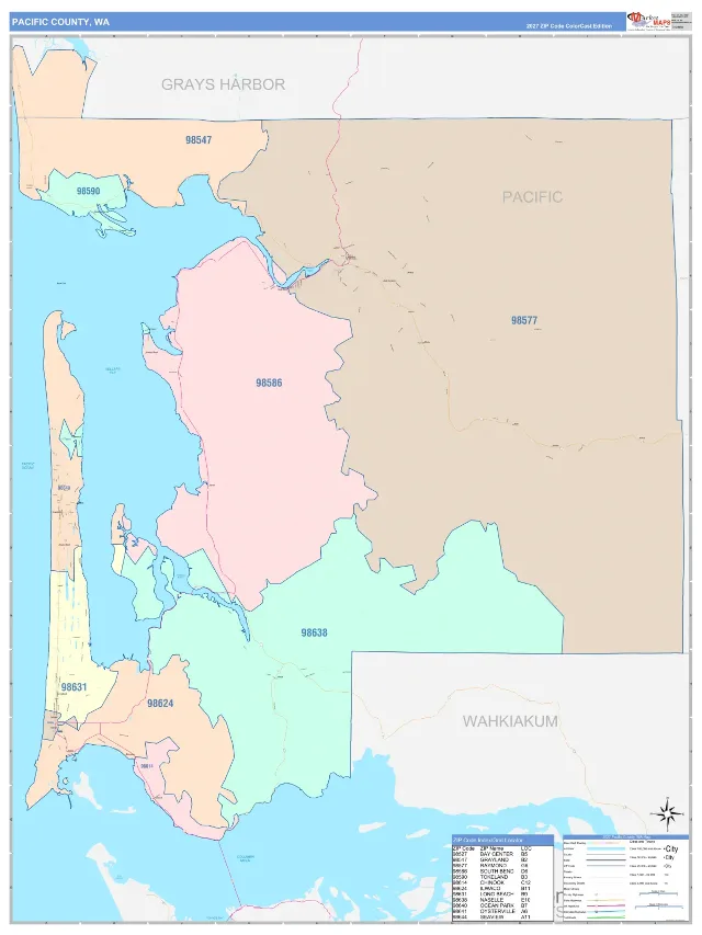 Pacific County, WA ZIP Code Wall Map, ColorCast style