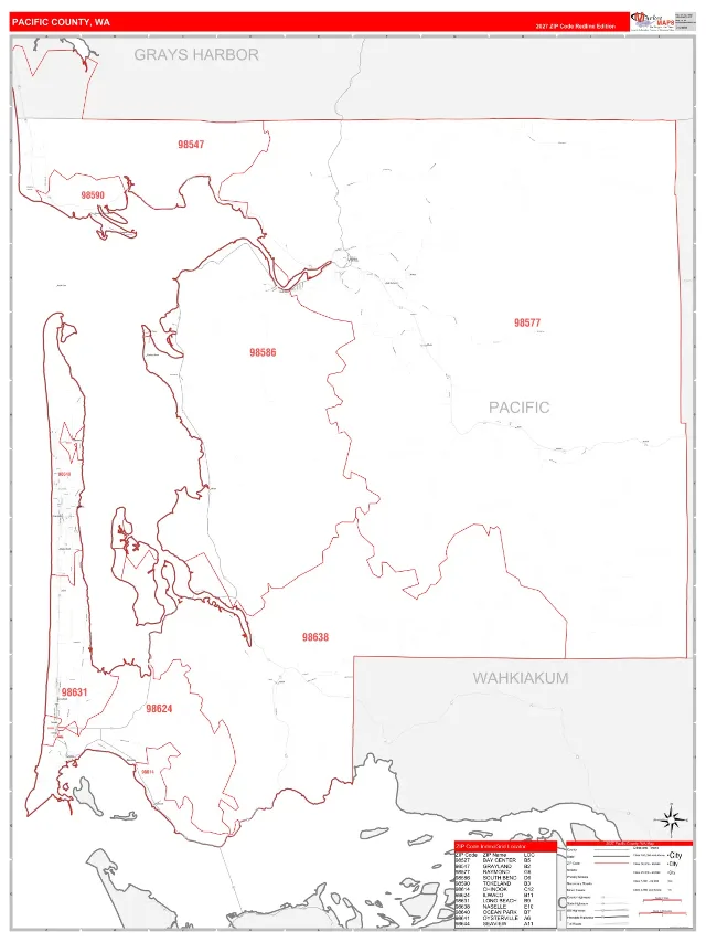 Pacific County, WA ZIP Code Wall Map, RedLine style