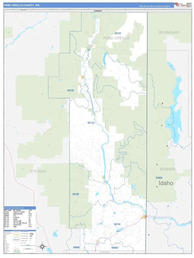 Pend Oreille County, WA ZIP Code Wall Map, Business Reference style