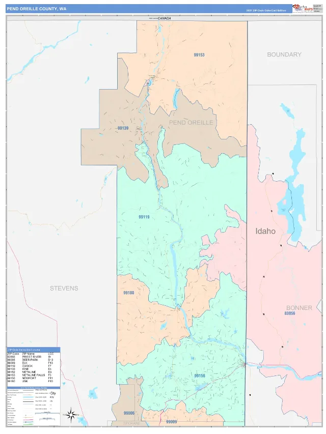 Pend Oreille County, WA ZIP Code Wall Map, ColorCast style