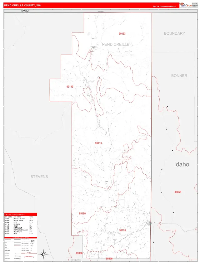 Pend Oreille County, WA ZIP Code Wall Map, RedLine style