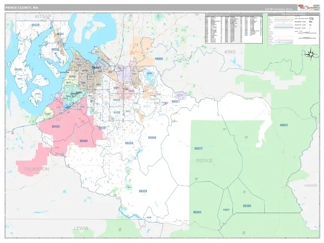 Pierce County, WA ZIP Code Wall Map, Classic style