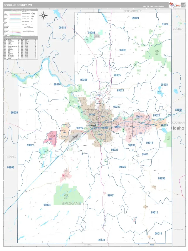 Spokane County, WA ZIP Code Wall Map, Classic style