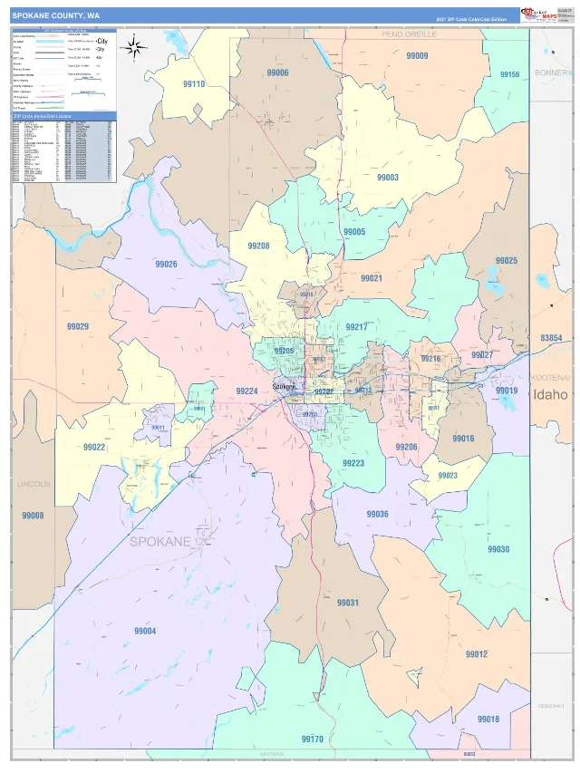 Spokane County, WA ZIP Code Wall Map, ColorCast style