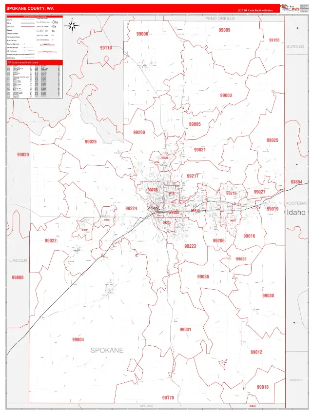 Spokane County, WA ZIP Code Wall Map, RedLine style