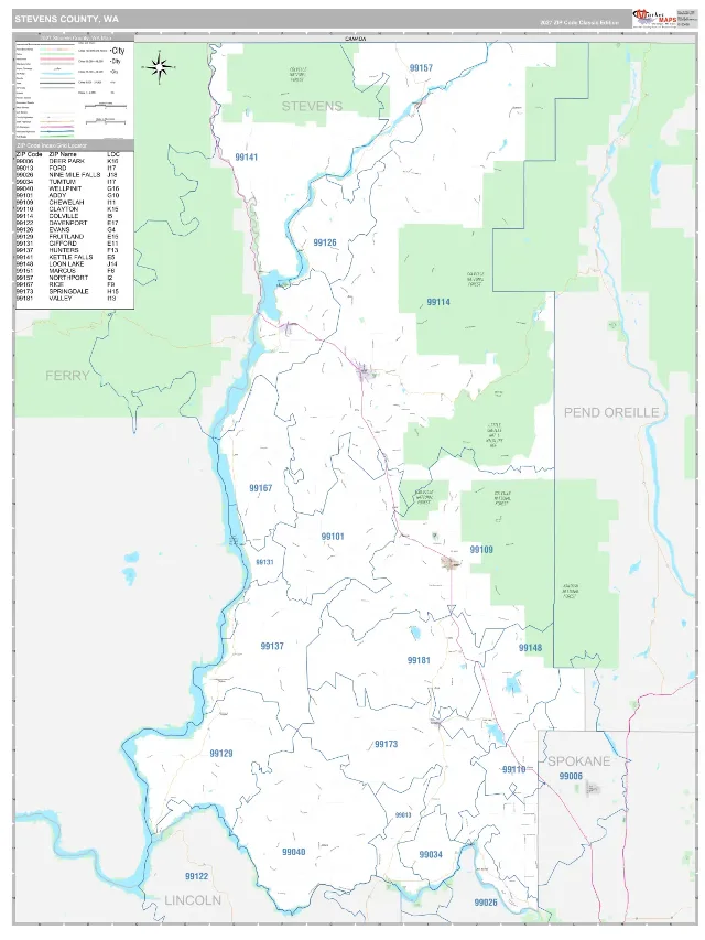 Stevens County, WA ZIP Code Wall Map, Classic style