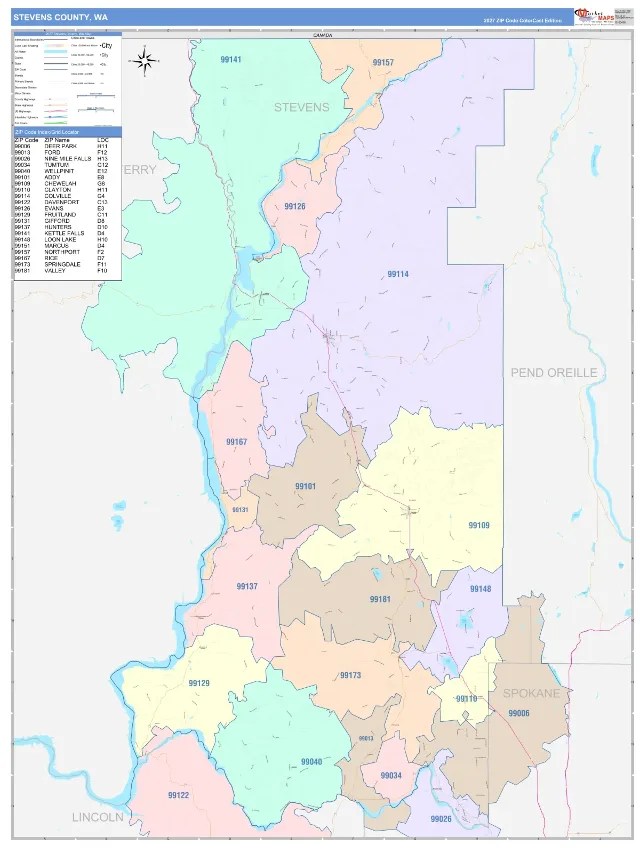 Stevens County, WA ZIP Code Wall Map, ColorCast style