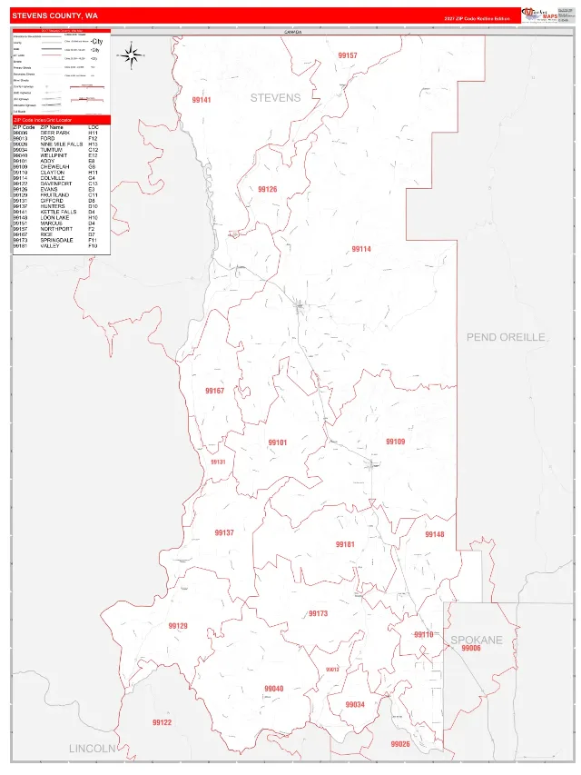 Stevens County, WA ZIP Code Wall Map, RedLine style