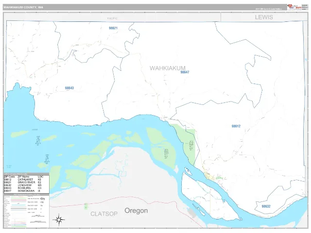 Wahkiakum County, WA ZIP Code Wall Map, Classic style