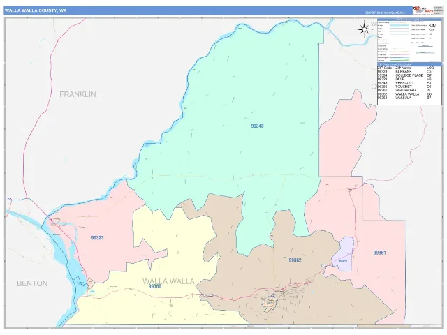 Walla Walla County, WA ZIP Code Wall Map, ColorCast style
