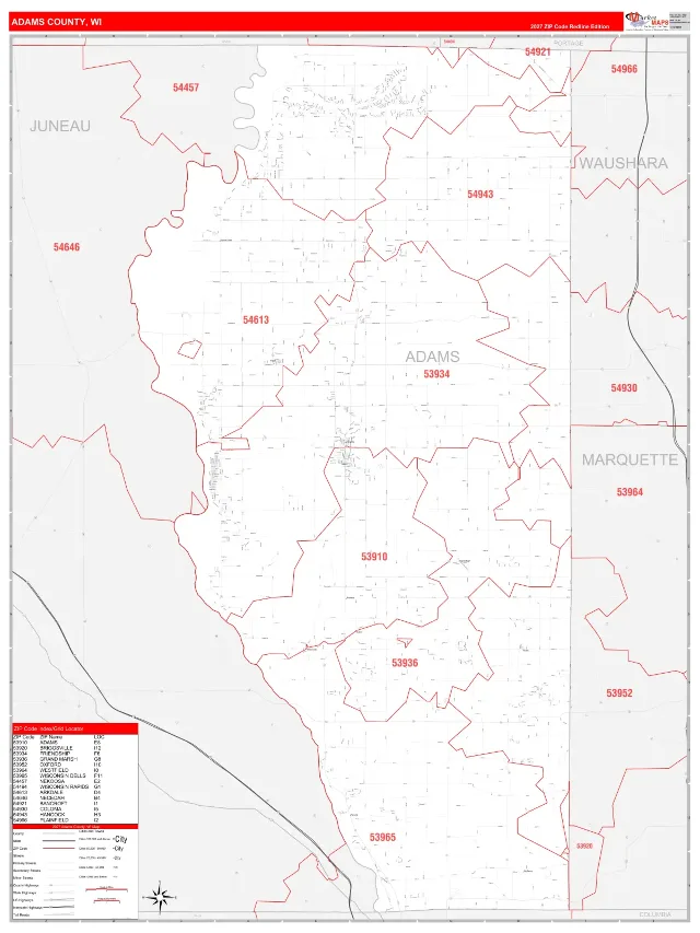 Adams County, WI ZIP Code Wall Map, RedLine style