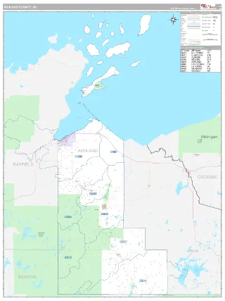 Ashland County, WI Classic style ZIP Code wall map