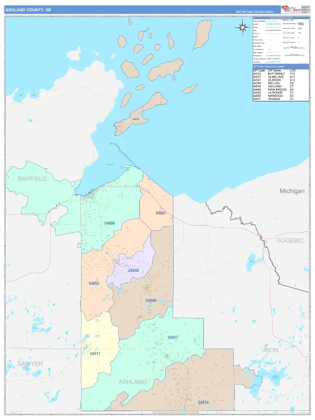 Ashland County, WI ZIP Code Wall Map, ColorCast style